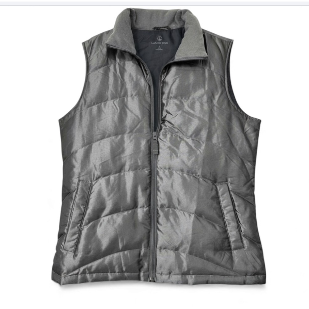 LANDS' END Dark Silver Shiny Puffer Vest GOOSE DOWN Full Zip Pockets 10-12 sz M